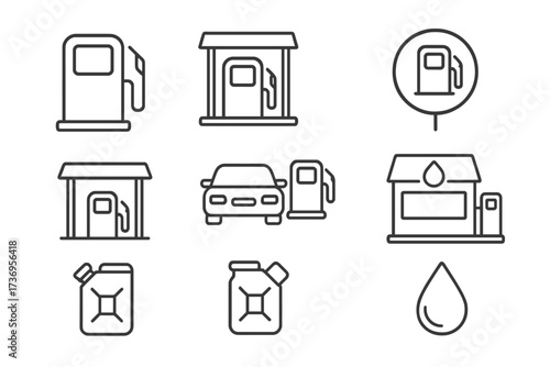Vector gas station icon collection. Minimalist linear pictograms of fuel pump, car refueling, petrol canister, and oil drop. Editable stroke symbols for transportation and energy.