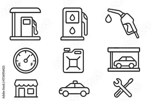 Gas station line icon pack. Car fuel pump, petrol nozzle, and auto repair service outline symbols. Minimalist vector pictogram set with editable stroke for transport industry.