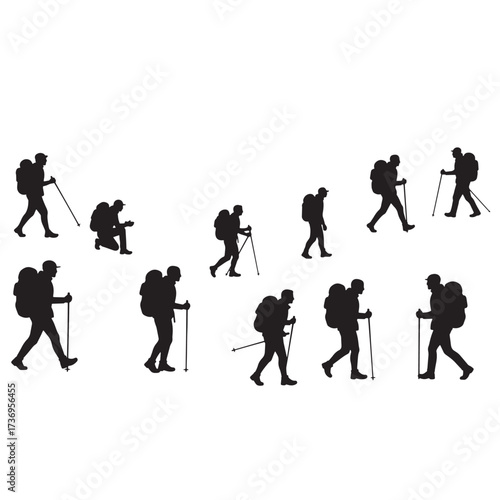 Collection of hiker silhouettes in various poses trekking