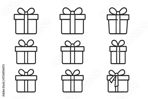 Gift box line icon bundle. Present box symbol set. Editable stroke pictogram. Minimal linear design for cards, apps, banners. Celebration, birthday, christmas, holiday vector.