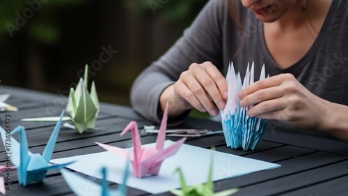 Woman Folding Origami Cranes Outdoors, Creating Beautiful Paper Art, Close Up