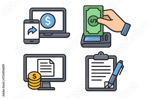 Business and finance icon set. Vector cartoon illustration of online money transfer, payment, cash counter, digital document, and contract signing. Financial management concept.