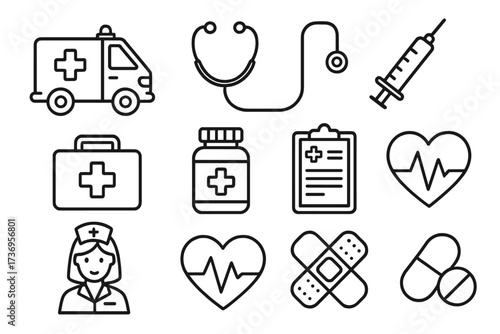 Medical and healthcare outline icon set. Collection of linear vector symbols for hospital, clinic, emergency. Contains ambulance, stethoscope, syringe, nurse, pills, heartbeat.