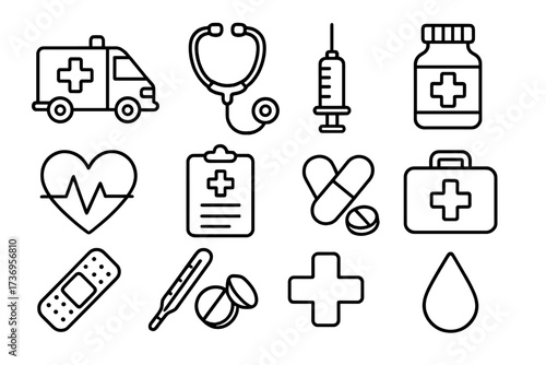 Medicine and healthcare outline icon set. Vector symbols of ambulance, stethoscope, syringe, first aid kit, heartbeat, clipboard, pills, thermometer for infographic design.