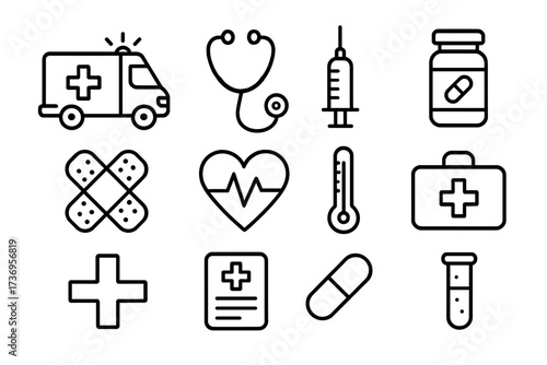 Medical and healthcare thin line icon set. Vector outline symbols for web and mobile. Includes ambulance, stethoscope, syringe, first aid kit, pills, and cardiogram graphic.