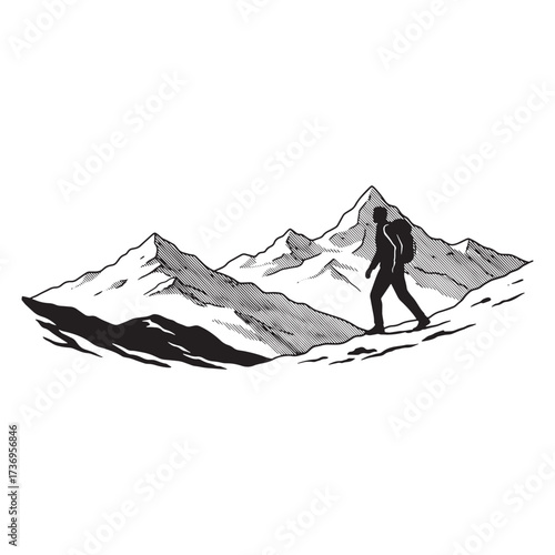 Hiker silhouette traversing a mountain landscape range