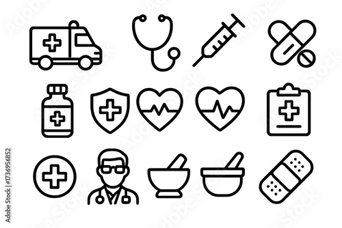 Medical and healthcare line icon set. Vector symbols for hospital, pharmacy, and emergency services. Features ambulance, doctor, stethoscope, syringe, pills, and heartbeat icon.