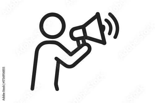Person with megaphone vector icon. Announcement, communication, public speaking concept. Marketing, advertising, campaign graphic element. Loudspeaker, speaker, protest symbol.