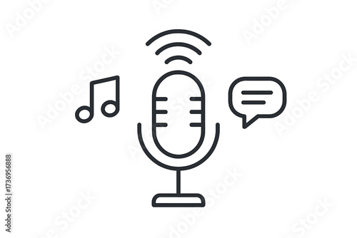 Podcast icon with microphone. Vector for music, conversation, online shows. Thin line graphic style. Audio recording, live stream, interview, broadcast symbol. Sound concept.