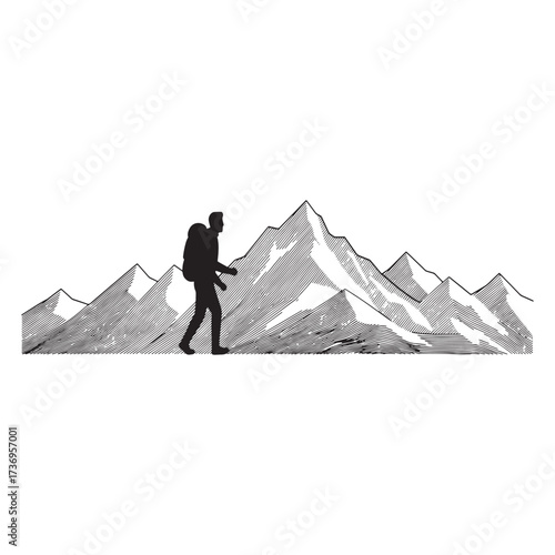 Hiker silhouette with detailed mountain range illustration