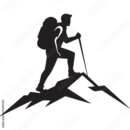 Hiker silhouette with pole on mountain summit climbing