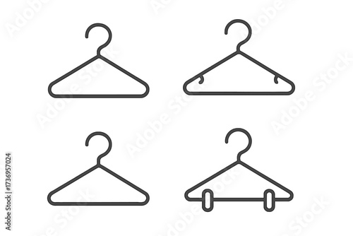 Clothing hanger vector icon set. Minimalist line art with editable stroke. Pictogram collection for fashion, closet, wardrobe, laundry, retail, and dry cleaning concepts.