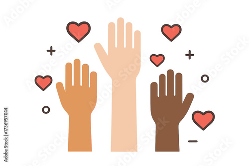 Raised helping hands vector icon. Volunteer and charity work flat illustration. Diverse community support. Multiethnic people unity concept with arms, hearts and geometric elements.