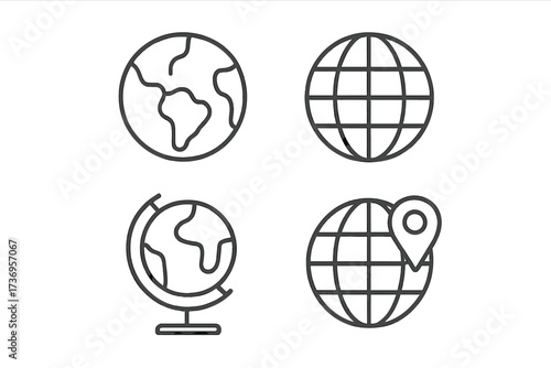 World globe line icon pack. Earth, planet, and map with location pin. Editable stroke vector pictograms. Global business, international travel, geography, and web navigation.