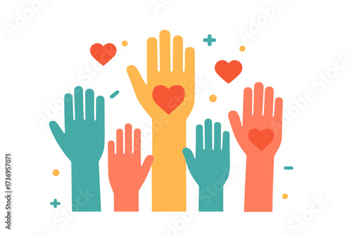 Raised helping hands vector flat icon. Crowd of people for volunteer and charity work. Community support, unity, hope, and love concept. Social care, donation, and teamwork.