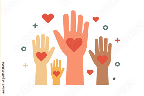 Raised helping hands vector icon. Diverse community of people volunteer for charity. Unity, love and support concept. Multiethnic crowd giving care and hope. Flat illustration.