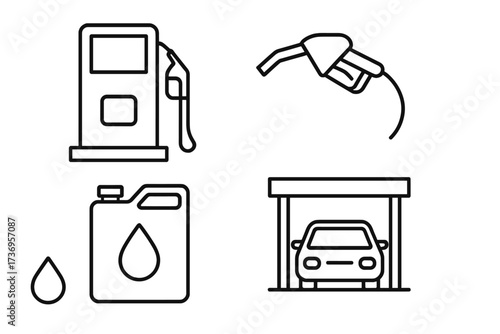 Gas station line icon set. Editable stroke vector pictograms. Fuel pump, petrol nozzle, oil canister, and car. Symbols for transport, energy, and petroleum industry design.