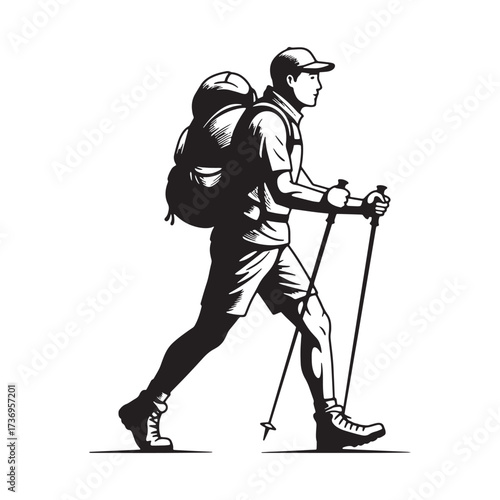 Hiker with backpack and poles in profile view silhouette
