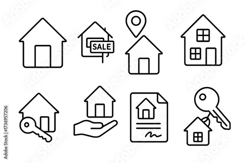 Real estate icon set for property investment, buying and selling. Vector line art symbols of house, key, sale sign, contract and location. Editable stroke for web and apps.