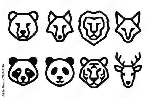 Vector set of 8 animal head icons. Geometric illustrations of wildlife animals for logo design. Bear, wolf, lion, fox, panda, tiger, deer symbols. Modern linear style graphics.