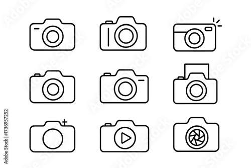 Photo camera line icon set. Photography and video pictogram collection. Minimalist outline symbols for web and app design. Editable stroke vector illustration for interface.