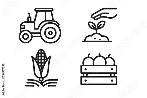 Agriculture and farming line icons set. Collection of simple outline pictograms. Tractor, planting, corn crop, fruit harvest crate. Editable stroke vector symbols for web.