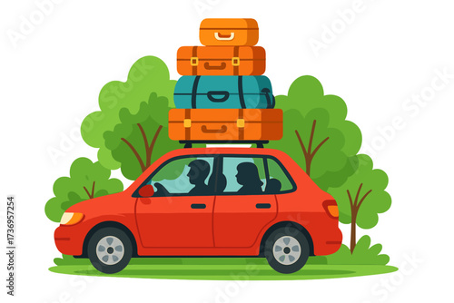 Red car with baggage on the roof. Summer family traveling by car. Road trip vacation journey. Automobile with stack of suitcases. Flat vector cartoon illustration concept.