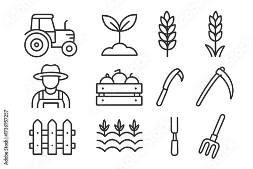 Agriculture farming line icon set. Farmer, tractor, crop, harvest, garden tools. Outline vector symbols for farm, organic food, and nature. Editable stroke icons collection.