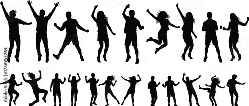 Silhouette of people dancing, party celebration, energetic crowd, fun lifestyle, music festival, joyful movement, nightlife friends, happy dance, entertainment illustrationSilhouette of people 