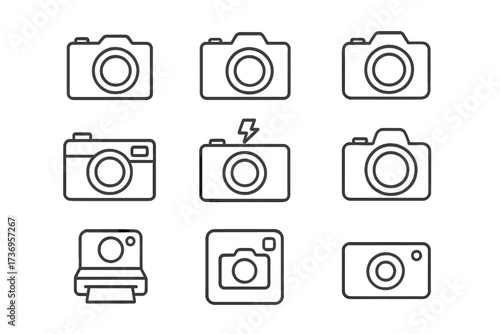 Photo camera line icon pack. Set of photography symbols. Vector illustration for UI, UX, web design. Minimalistic linear pictogram with editable stroke. Instant camera, flash.