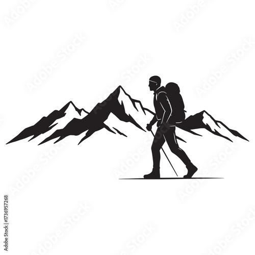 Hiker with poles and backpack in front of mountains