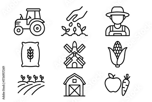 Farming and agriculture line icon set. Contains simple isolated icons of tractor, farmer, barn, windmill, harvest, and plantation. Editable stroke vector symbols for web.