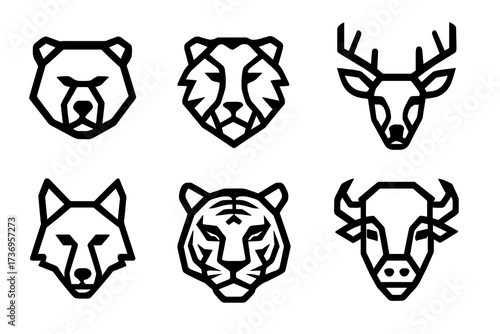 Set of geometric animal heads. Modern vector line art icons for logos. Collection of wild life symbols: bear, tiger, wolf, deer, lion, bull. Minimalist linear design emblems.