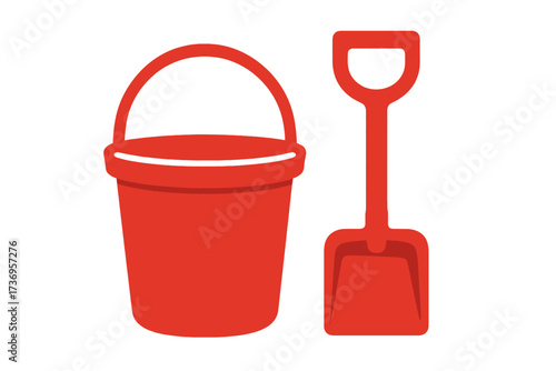 Sand bucket with shovel icon. Summer beach toy for kids. Vector graphic of a red plastic pail and spade for seaside vacation, sandbox play, and childhood fun activities.