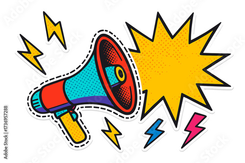 Pop art megaphone sticker for sales promotion. Retro 90s loudspeaker announcement with comic explosion speech bubble. Vector advertising background with doodle lightning bolts.