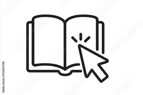 Ebook icon with mouse cursor click. Concept for online education, e-learning, digital library, and online reading. Vector line symbol for web, app, and literature access.