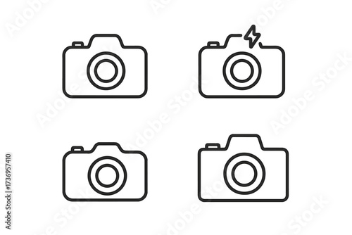 Photo camera line icon set for photography. Picture taking pictograms collection. Editable stroke for app and web design. Minimalist vector illustration with flash symbol for logo.