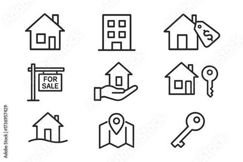 Real estate line icon set, modern collection for web design, apps, cards; linear house, key, for sale sign, location map; vector cartoon illustration, property symbols