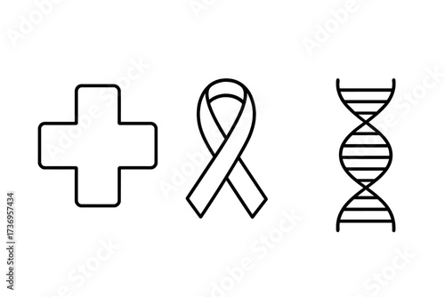 Health care icon collection. Medical cross, awareness ribbon, dna symbol. Medicine, hospital, first aid sign. Cancer support. Genetic research. Science and biology logo set.