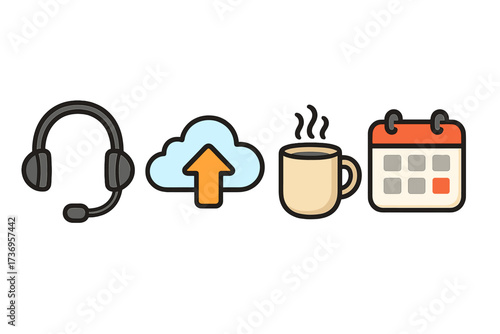 Remote work and home office essentials icon set. Vector icons for communication, headset, cloud upload, coffee break, and schedule calendar. Business workflow and telecommuting concept.