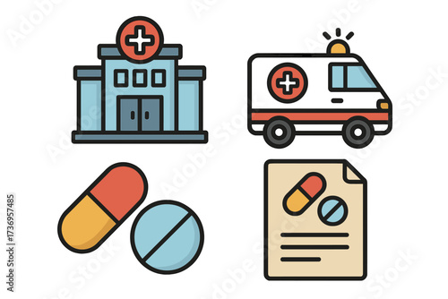 Medical icon set with hospital building, ambulance, prescription pills, and medication document. Healthcare symbols for banners, infographics, articles, and vector design