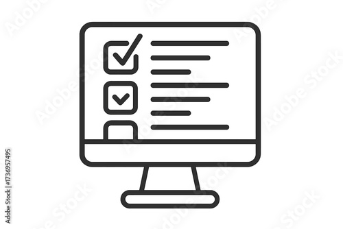 Online survey on computer screen vector icon. Digital checklist, questionnaire form concept. Customer feedback, online test, task management sign. Web vote, poll or exam symbol.