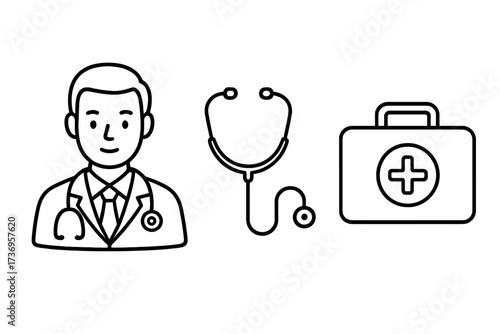 Healthcare and medicine line icon set with doctor, stethoscope, first aid kit. Vector graphic symbols for hospital, clinic, emergency services. Medical professional avatar.