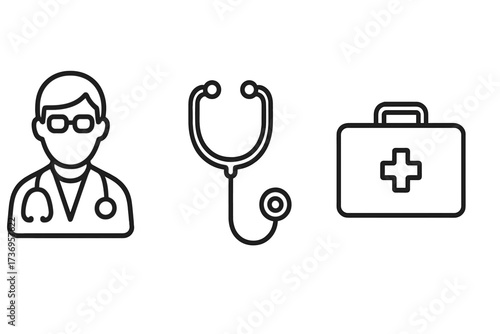 Medical line icon set with doctor, stethoscope, first aid kit. Healthcare and medicine symbols for hospital, clinic, emergency services. Simple outline vector illustration.