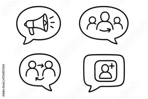 Refer a friend marketing icons. Hand drawn doodle speech bubbles with megaphone for promotion, user sharing, adding new followers. Vector for customer acquisition business strategy.