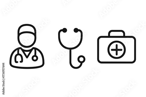 Doctor, stethoscope, and medical bag simple icon collection. Healthcare and medicine line art symbols. Health professional, first aid kit vector with editable stroke for design.