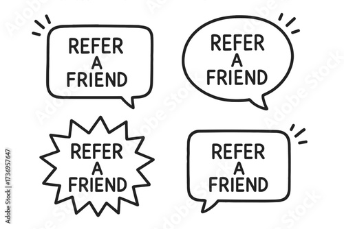 Refer a friend doodle icon set. Hand drawn vector speech bubbles for referral program marketing. Promotion and advertising concept. Loyalty reward business strategy design element.