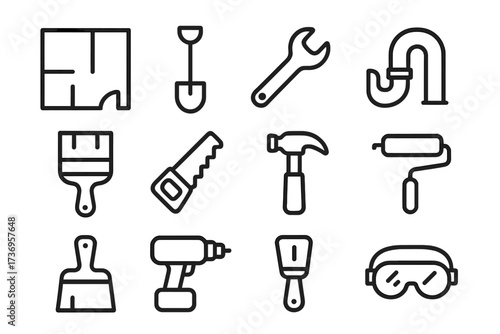 Repair and Renovation Line Icon Set for Design and Web with Floor Plan, Shovel, Wrench, Pipe, Hammer, Saw, Paint Roller, Drill, Safety Goggles, Vector Linear Tools Collection