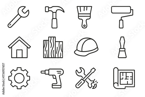 Repair and Renovation Outline Style Icons Set, Tools for Construction, Home Improvement, Carpentry, Painting, Hardware, Maintenance, Building Safety, Blueprints, Vector Cartoon Illustration