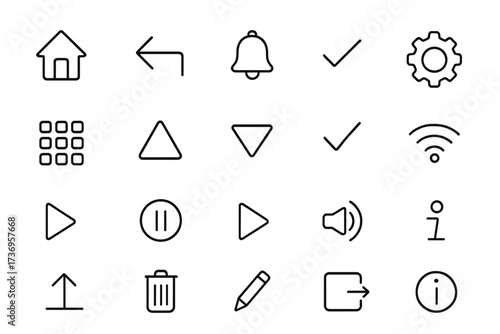 Essential UI/UX interface outline icons set. Simple linear symbols for web and mobile app design. Editable stroke vector. Home, settings, play, delete, notification signs.